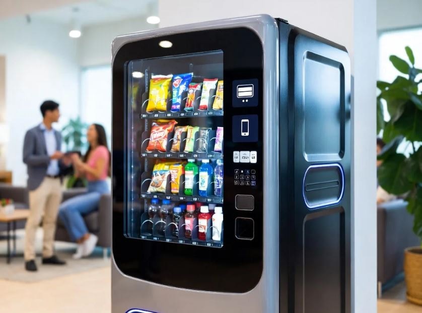 Modern snack vending machine stocked with a variety of snacks